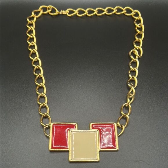 Monet Jewelry - MCM Designer Monet High End Red Enamel Gold Tone Modernist Necklace